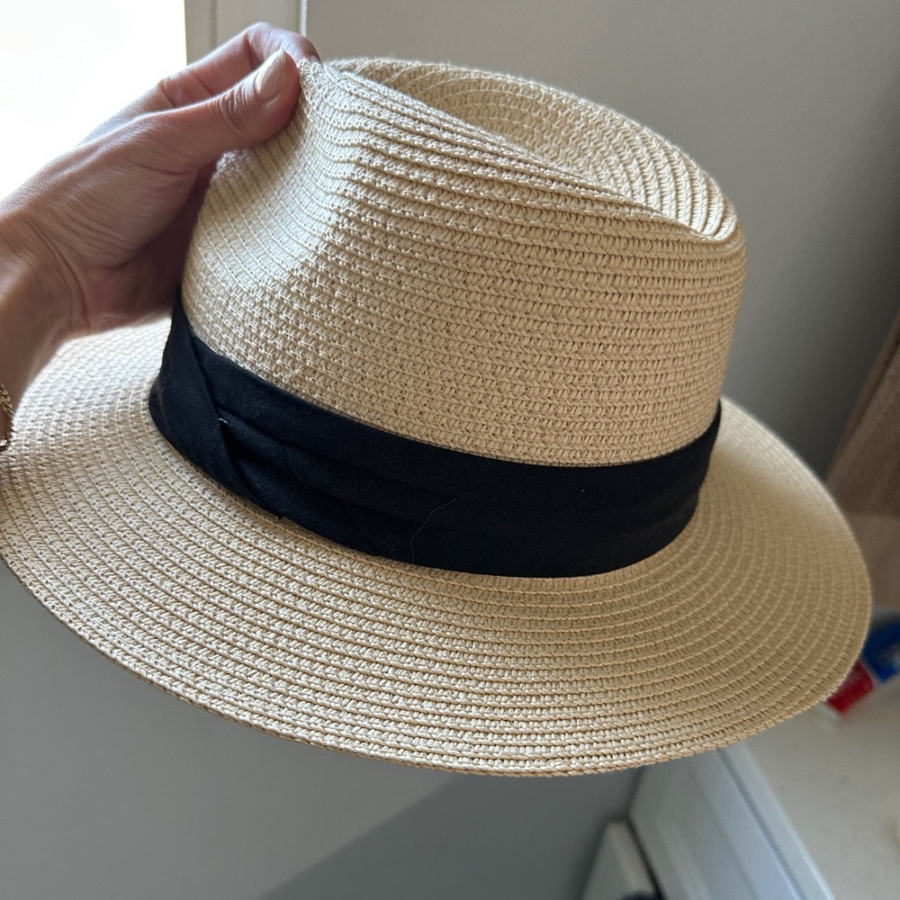 Beige Straw Hat with Black Band, Adjustable - Like New